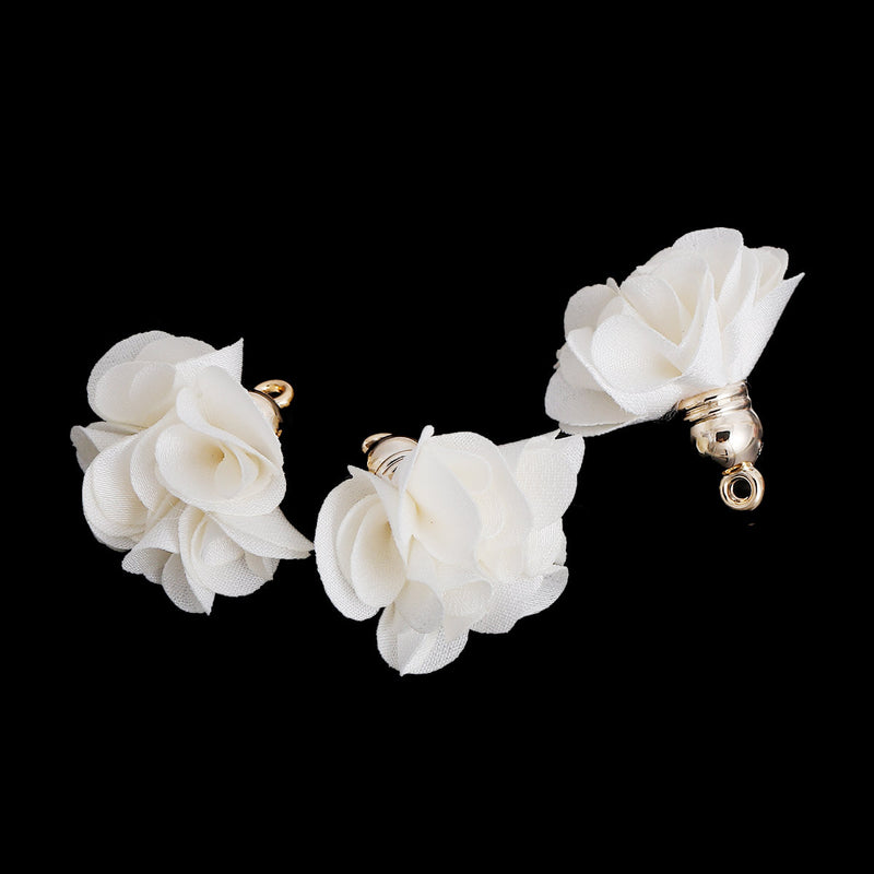 5 pcs BRIGHT WHITE Flower Rose Opaque Polyester Fabric Tassel Charm Pendants, gold plated base 27mm long (about 1-1/8") cho0175