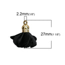 5 pcs MIDNIGHT BLACK Flower Rose Opaque Polyester Fabric Tassel Charm Pendants, gold plated base 27mm long (about 1-1/8") cho0177