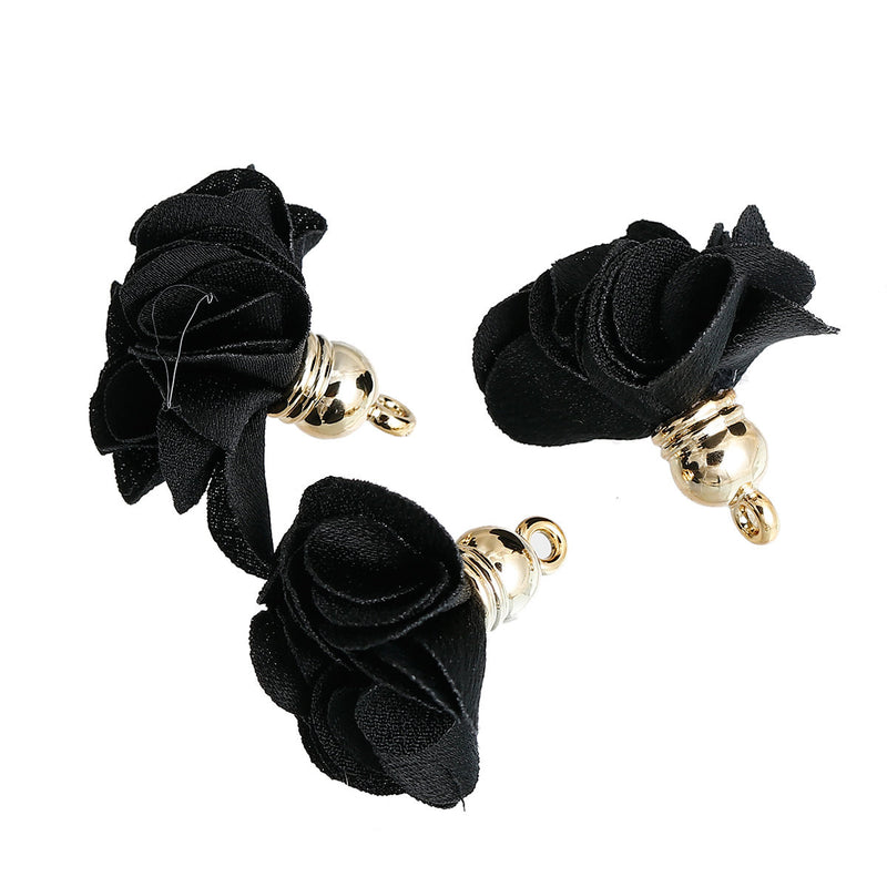 5 pcs MIDNIGHT BLACK Flower Rose Opaque Polyester Fabric Tassel Charm Pendants, gold plated base 27mm long (about 1-1/8") cho0177