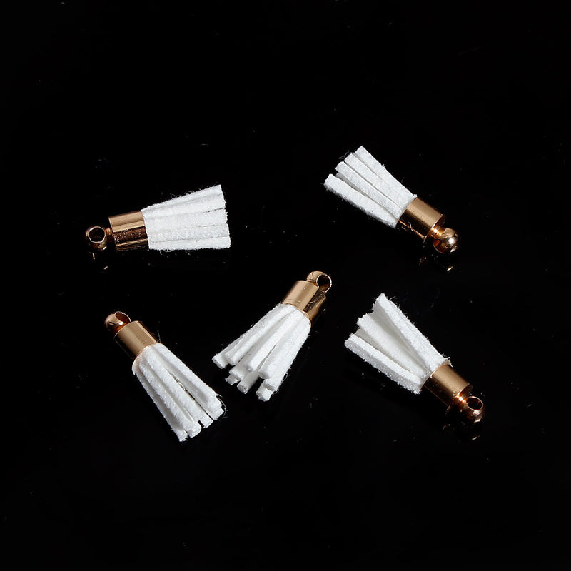 10 Tiny BRIGHT WHITE Velvet Suede Tassel Charm Pendants, gold-plated base 17mm long . cho0174