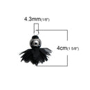 3 MIDNIGHT BLACK Flower Polyester Fabric Tassel Charm Pendants, gunmetal base with black bead 4cm long (1-5/8") cho0173