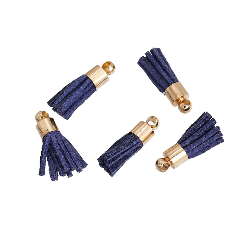 10 Tiny DEEP NAVY Blue Velvet Suede Tassel Charm Pendants, gold-plated base 17mm long, cho0178