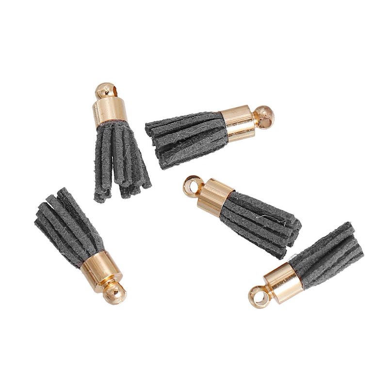 10 Tiny DARK GRAY / Grey Velvet Suede Tassel Charm Pendants, gold-plated base 17mm long . cho0172