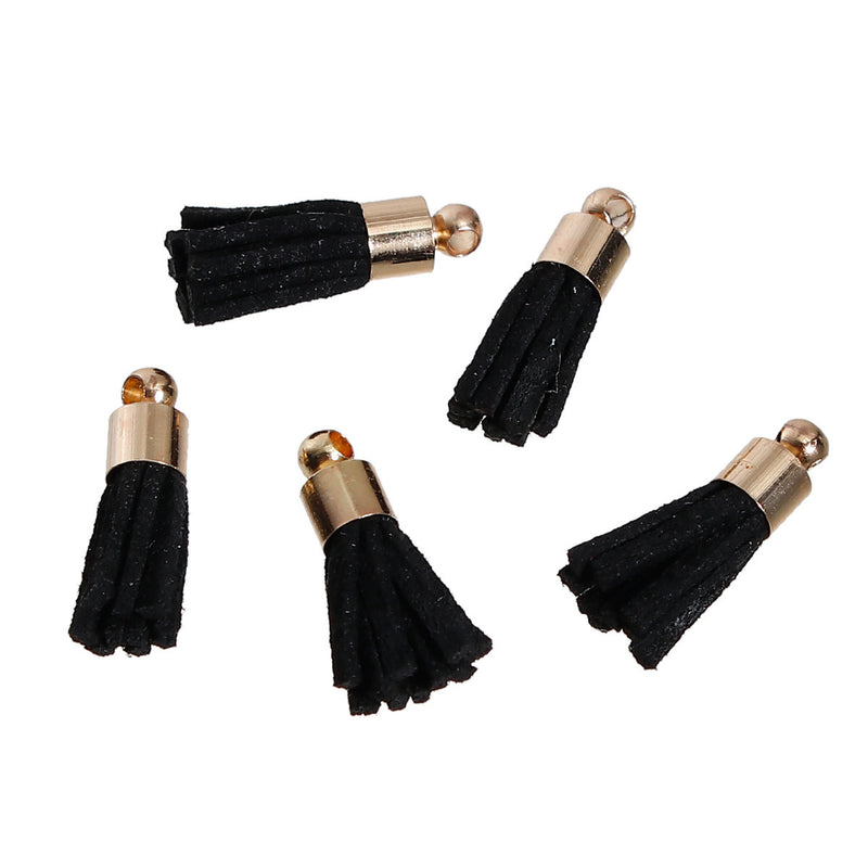 10 Tiny MIDNIGHT BLACK Velvet Suede Tassel Charm Pendants, gold-plated base 17mm long, cho0171