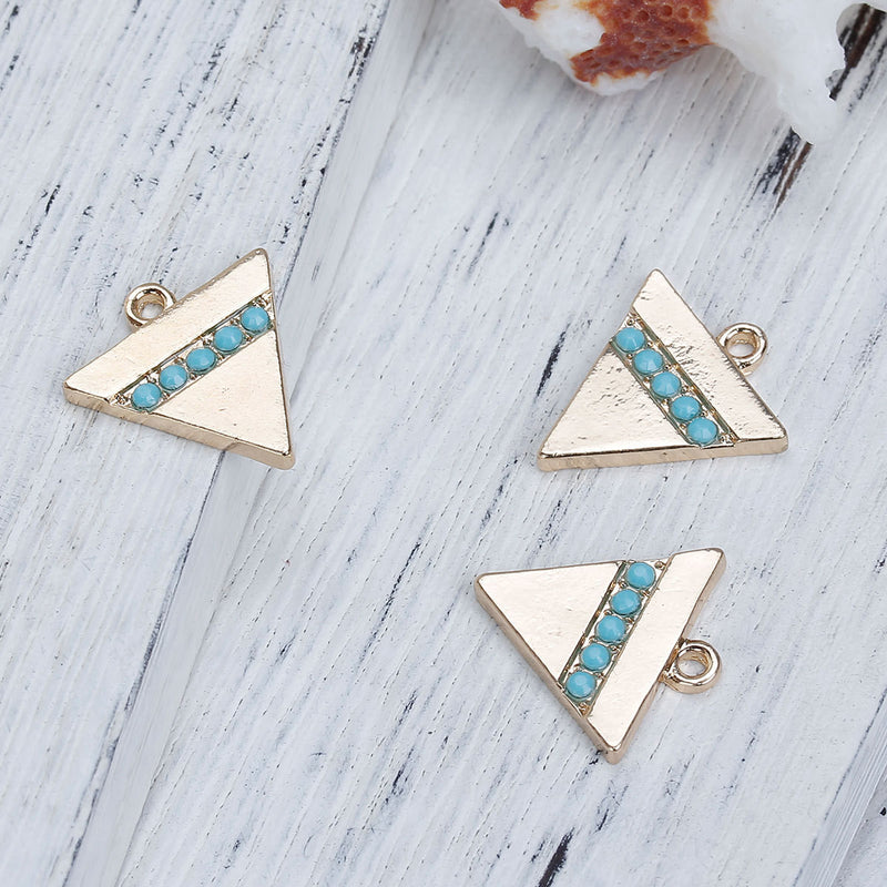 5 Gold-Plated Geometric Triangle Charm Pendants with faux turquoise rhinestones, 17x16mm, chg0546