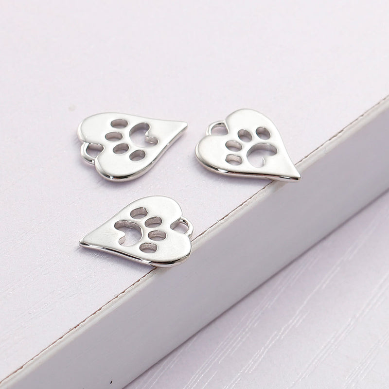4 Small Silver Tone PAW PRINT Heart Charm Pendants for Dog, Cat, Wolf, Bear, 14x11mm, chs2762