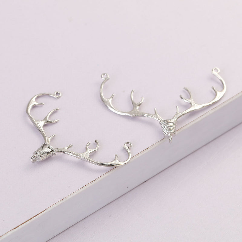 1 DEER STAG Antler Charm Pendant Connector, Silver Tone Nature Animal Charm, 10 point Buck, 1-3/4" wide chs2765