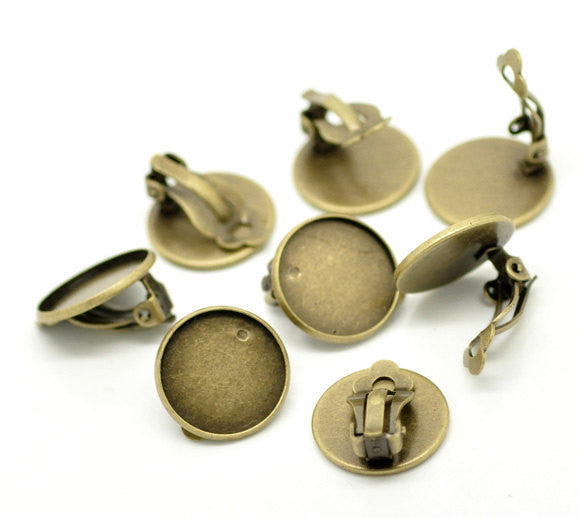 10 Bronze Clip-On Earring Blanks, bezel tray fits 18mm round cabochons, fin0646