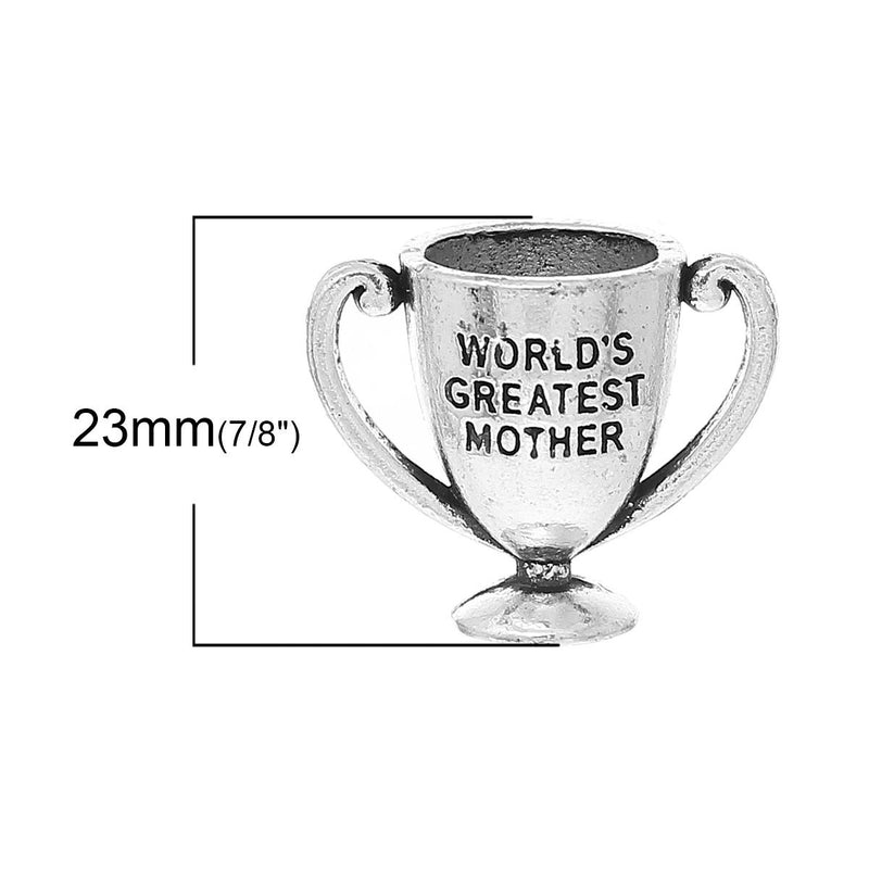 5 Silver WORLD'S Greatest Mother Trophy Award Charm Pendants, Mother's Day Gift, 23x19mm, chs2766