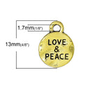 10 Small Gold Tone LOVE & PEACE Charm Tag Pendants, dot charms, stamped words, stamped quote, hammered textured metal, chg0552