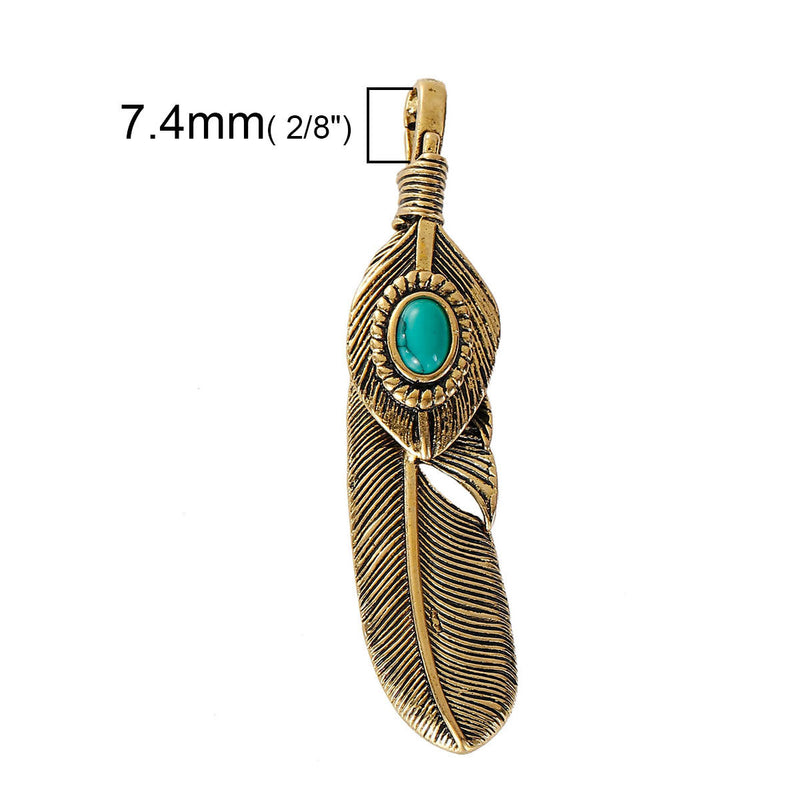 Large FEATHER Pendant, Faux Turquoise Cabochon, Antiqued Gold Metal, 2.5" long chg0495