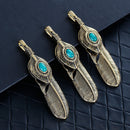 Large FEATHER Pendant, Faux Turquoise Cabochon, Antiqued Gold Metal, 2.5" long chg0495