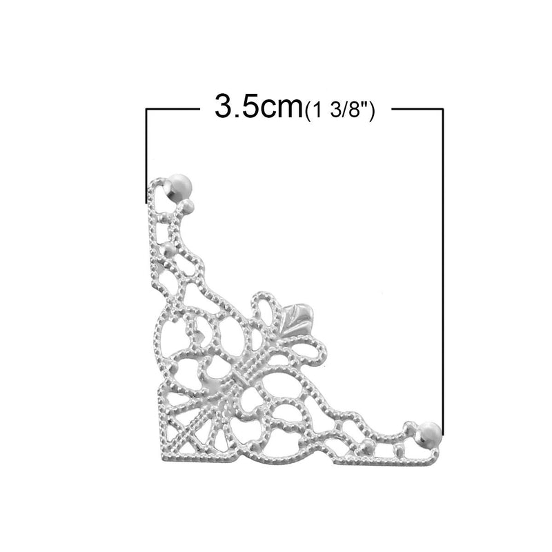50 SILVER PLATED Filigree Flat Metal Triangle Findings, box frame corner embellishment, gemstone wrapping, 35mmx35mm, 1-3/8" fil0071
