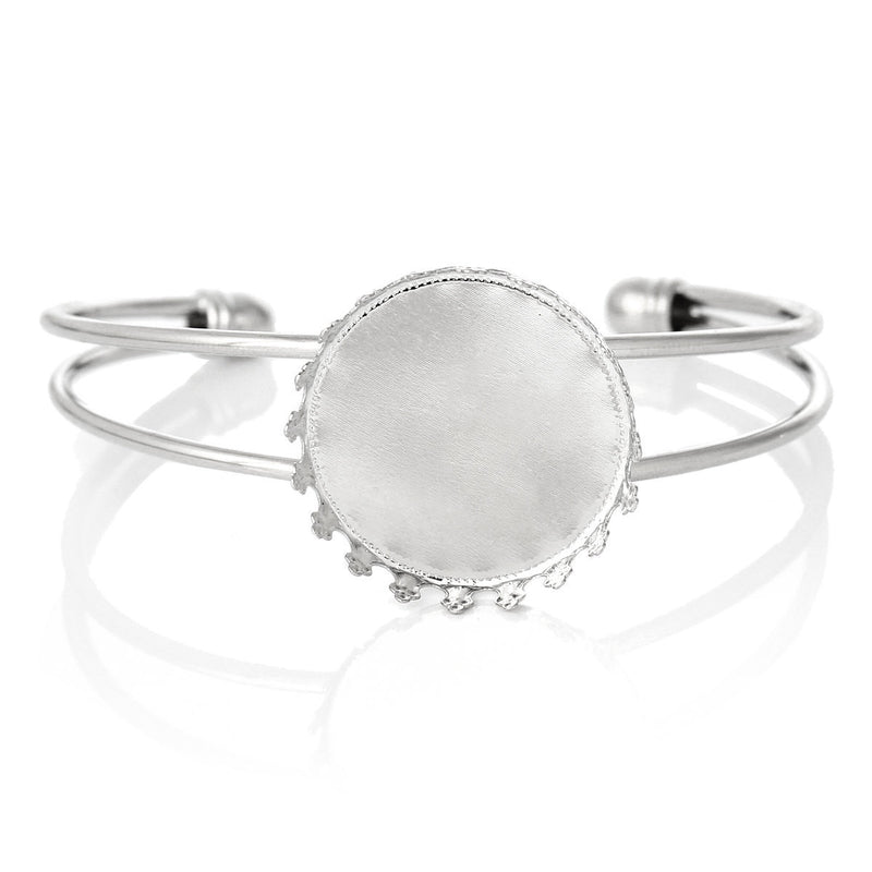 1 OPEN BANGLE CUFF Wire Bracelet, fits 25mm Round Cabochon, Bezel Tray, silver tone metal, for Cabochon Setting, fin0649