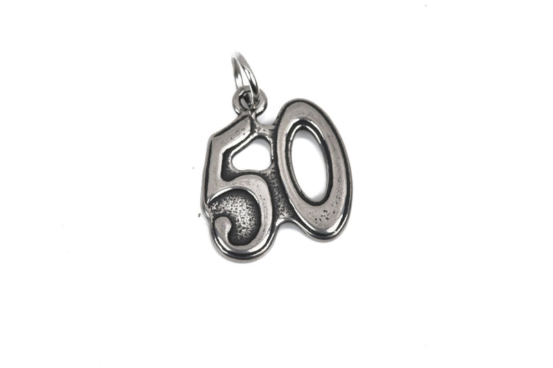 2 Number 50 (Fifty) Charms, gunmetal stainless steel metal, 18x20mm, cho0179