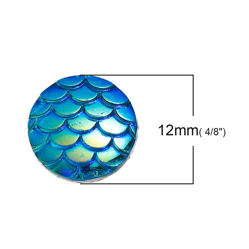 12mm MERMAID FISH Scale Cabochons, Round Resin Metallic, Blue AB iridescent, 100 pieces, 1/2" cab0508b