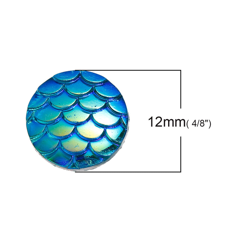 12mm MERMAID FISH Scale Cabochons, Round Resin Metallic, Blue AB iridescent, 10 pieces, 1/2" cab0508a