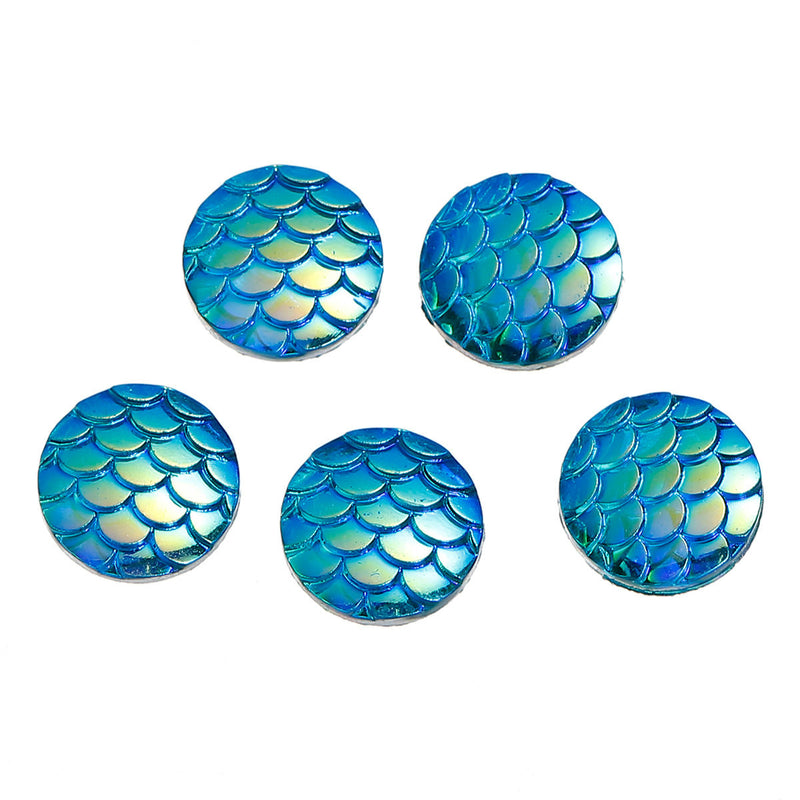 12mm MERMAID FISH Scale Cabochons, Round Resin Metallic, Blue AB iridescent, 10 pieces, 1/2" cab0508a