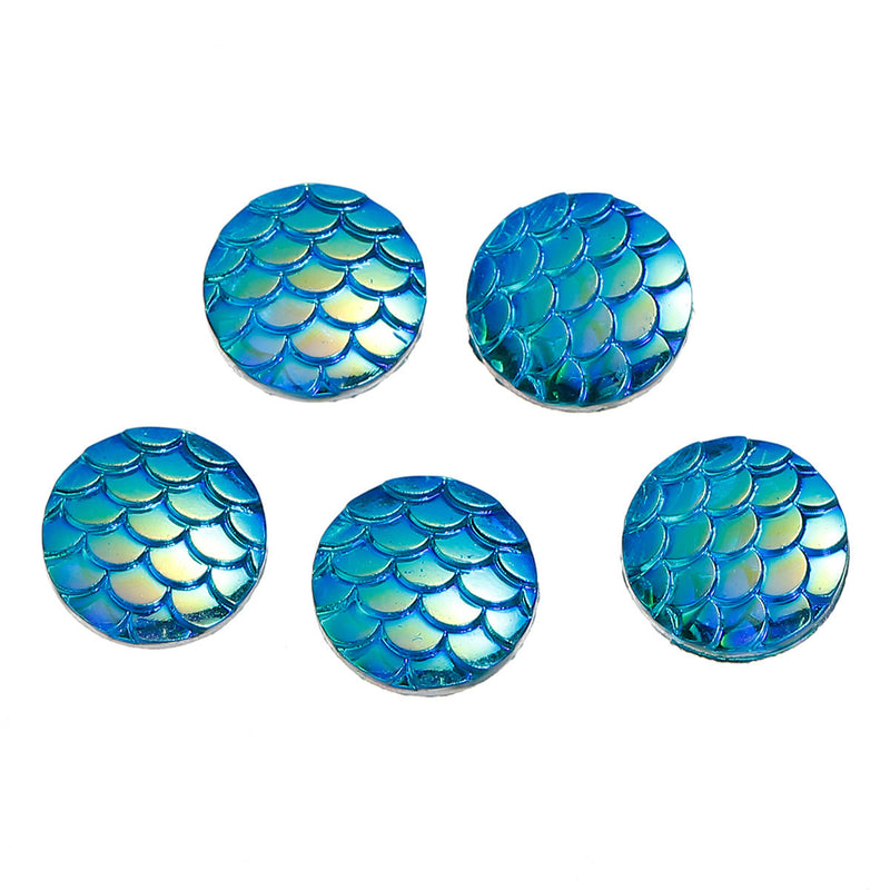 12mm MERMAID FISH Scale Cabochons, Round Resin Metallic, Blue AB iridescent, 100 pieces, 1/2" cab0508b