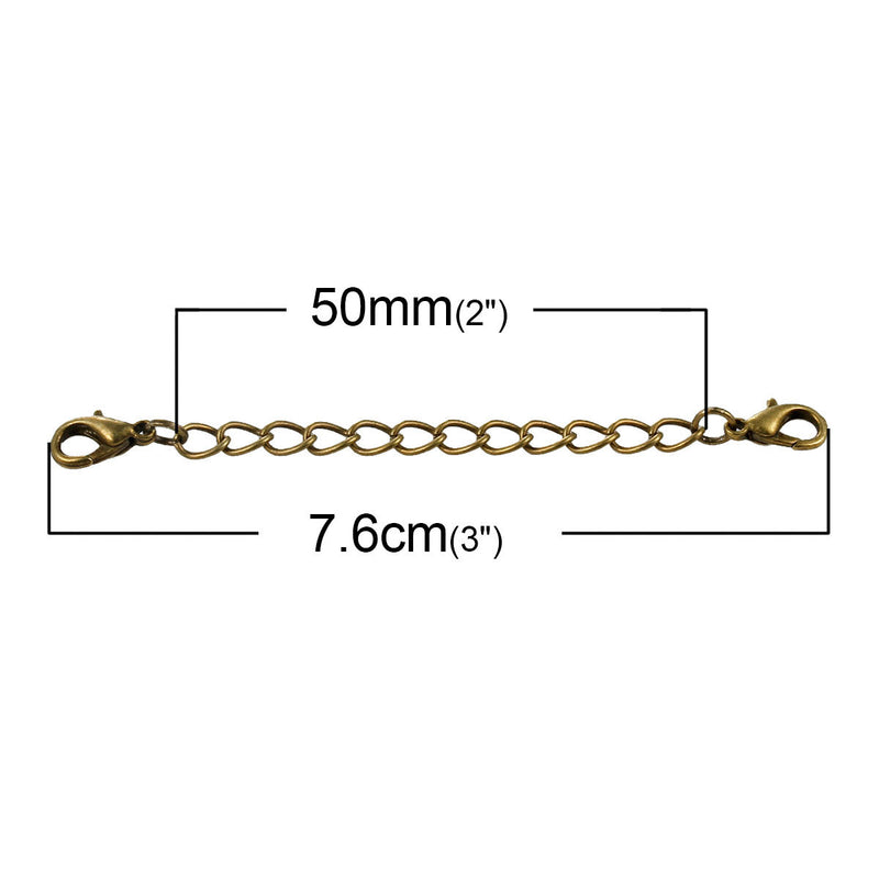 10 Necklace Extension Chains, about 3" long bronze tone metal, curb link extender chain, lobster clasps on each end,  fcl0221