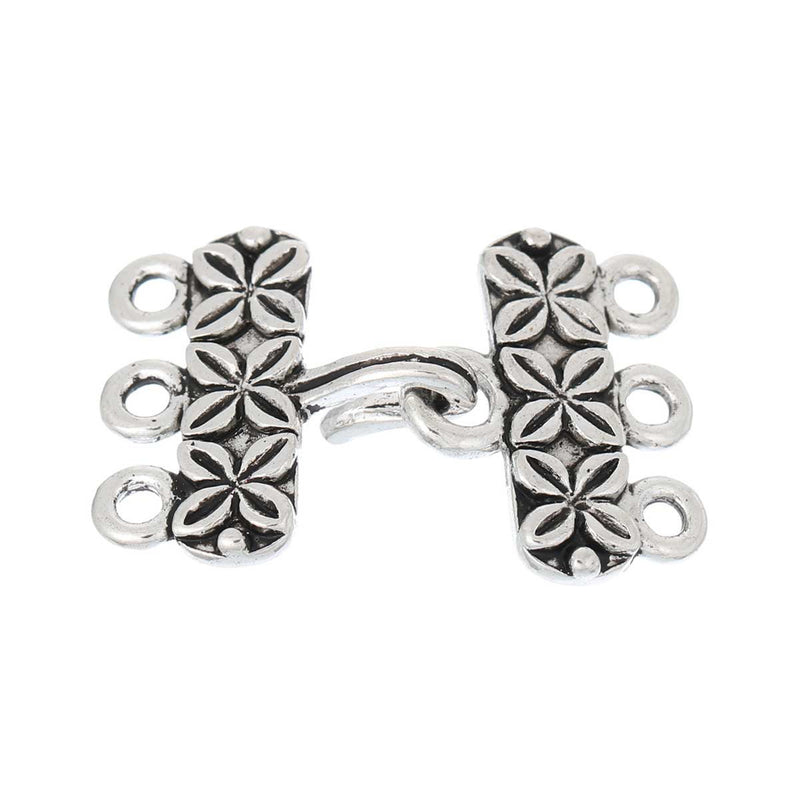 10 Sets Multi-Strand Hook and Eye Clasps, antiqued silver, 1 to 3 connector link clasp, 3 strand clasp, carved flower design, fcl0219