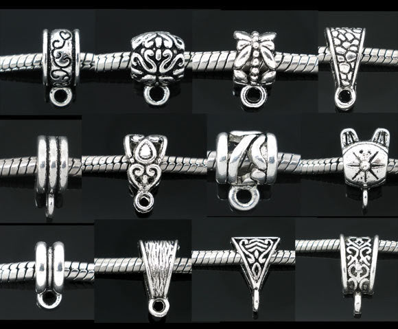 25 Silver Euro Bails, Mixed Silver Tone Decorative Fancy Bail Beads, Fits European Style Bracelets and Necklace Chains fba0064