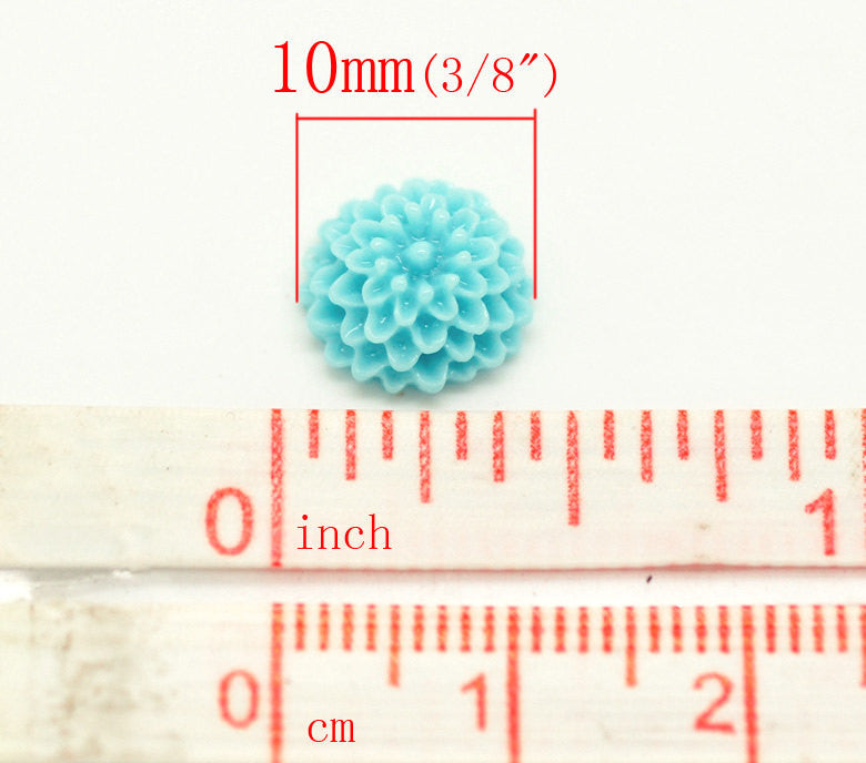 50 Resin Flower Cabochons, Chrysanthemum Mum, 10mm round cabochons, flatback flowers, flower embsllishments, mixed colors, cab0509