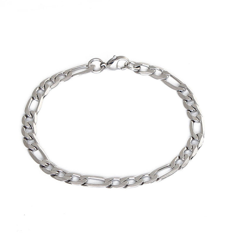 4 Stainless Steel FIGARO Chain Bracelet Blanks with Lobster Clasp, non-tarnish, 21cm, 8-1/4" long fch0540