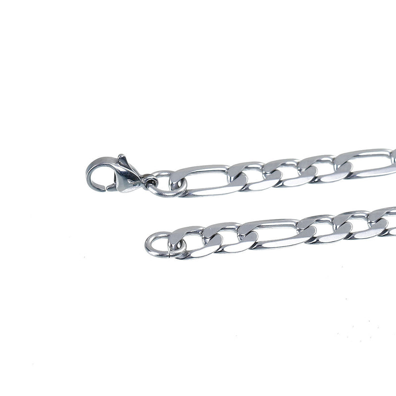 4 Stainless Steel FIGARO Chain Bracelet Blanks with Lobster Clasp, non-tarnish, 21cm, 8-1/4" long fch0540