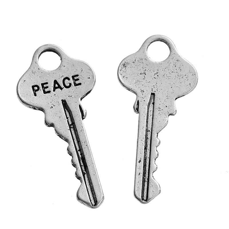 10 Small Silver PEACE KEY Charms, Antiqued Silver Metal with Peace stamped on one side, 25x12mm, chs2777
