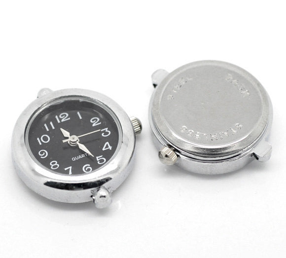 SILVER and BLACK Round WATCH Face Blank, battery included, circle watch for bracelet 24mm dia, fin0654