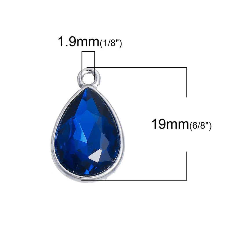 ROYAL BLUE Sapphire Rhinestone Teardrop Drop Charms, Crystal Glass in Silver Tone Bezel, September Birthstone, 19x12mm, chs2784