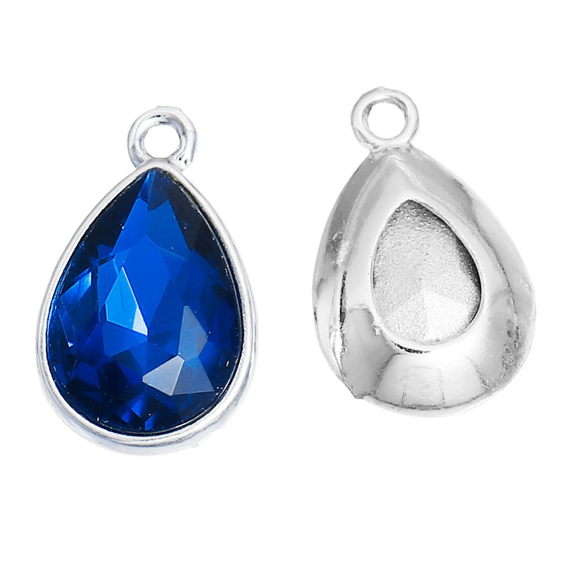 ROYAL BLUE Sapphire Rhinestone Teardrop Drop Charms, Crystal Glass in Silver Tone Bezel, September Birthstone, 19x12mm, chs2784