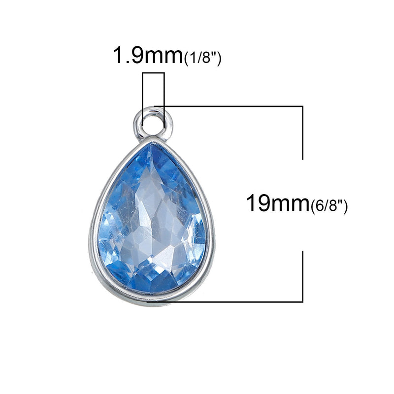 10 LIGHT BLUE Aquamarine Rhinestone Teardrop Drop Charms, Crystal Glass in Silver Tone Bezel, March Birthstone, 19x12mm, chs2788