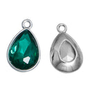 10 DARK EMERALD Green Rhinestone Teardrop Drop Charms, Crystal Glass in Silver Tone Bezel, May Birthstone, 19x12mm, chs2787