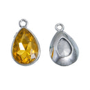 10 YELLOW CITRINE Topaz Rhinestone Teardrop Drop Charms, Crystal Glass in Silver Tone Bezel, November Birthstone, 19x12mm, chs2792