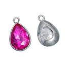 10 HOT TOURMALINE Pink Rhinestone Teardrop Drop Charms, Crystal Glass in Silver Tone Bezel, October Birthstone, 19x12mm, chs2793