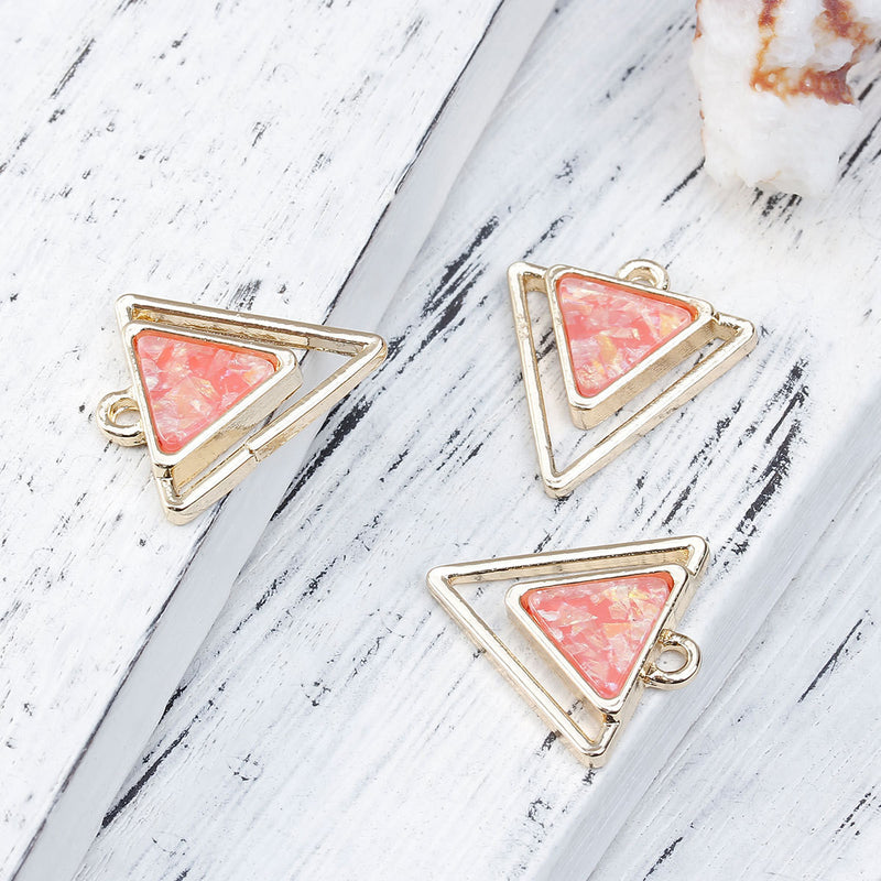 3 Gold Plated ARROWHEAD TRIANGLE Hollow Geometric Pendant Charms, red pink imitation opal resin, gold plating, 22x20mm, chg0560