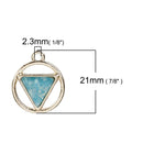 3 Gold Plated ARROWHEAD CIRCLE Hollow Geometric Pendant Charms, light blue imitation opal resin, gold plating, 17mm dia, chg0558