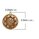 3 Gold Tone SUN FACE Charms Pendant with clear rhinestone and siam red accents, carved engraved design, 30mm, chg0555