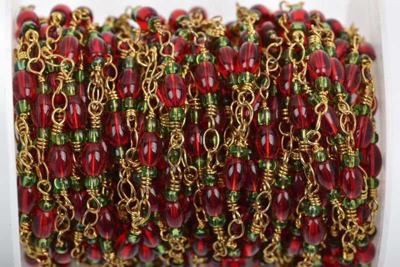 1 yard (3 feet) RED and GREEN Glass Rosary Bead Chain, gold double wrapped wire, 6mm oval glass beads, fch0559a