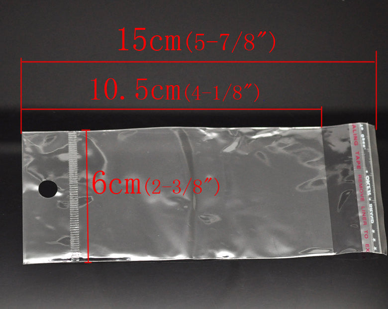 200 Resealable Self-Sealing Bags with Hang Tags, usable space 10.5x6cm, (4-1/8 x 2-1/3") bulk cello bags, cellophane jewelry bags, bag0030