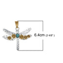 DRAGONFLY Pendant, SILVER with gold flowers and turquoise blue oval cabochon, textured metal, 2.5" chs2674