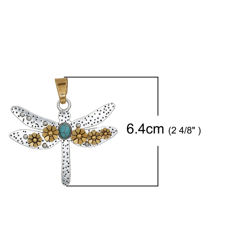 DRAGONFLY Pendant, SILVER with gold flowers and turquoise blue oval cabochon, textured metal, 2.5" chs2674