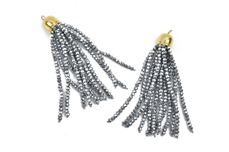 Crystal Bead Tassel Charm Pendant, SILVER METALLIC crystals with Gold cap, about 3" long chg0568