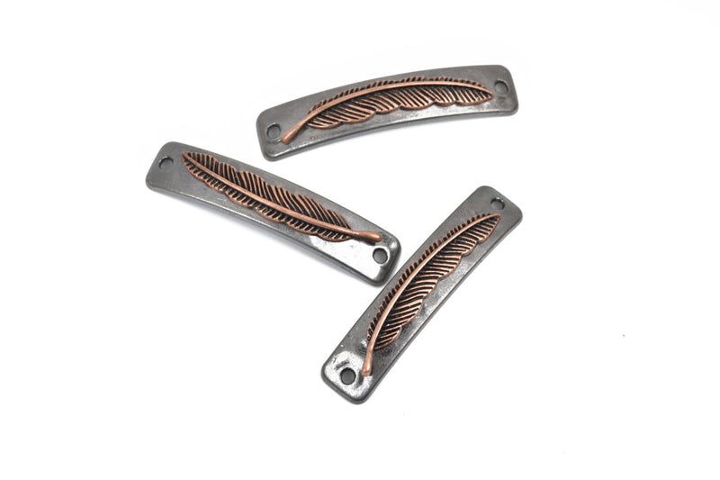5 FEATHER Bracelet Connector Links, gunmetal base with copper feather, curved bracelet charms, 48x10mm, cho0187