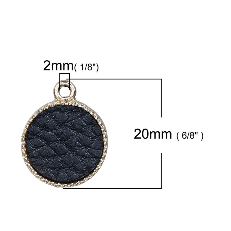 5 Gold-Plated Circle Disc Charm Pendants with JET BLACK Faux Leather Cabochon, 16mm dia, chg0572