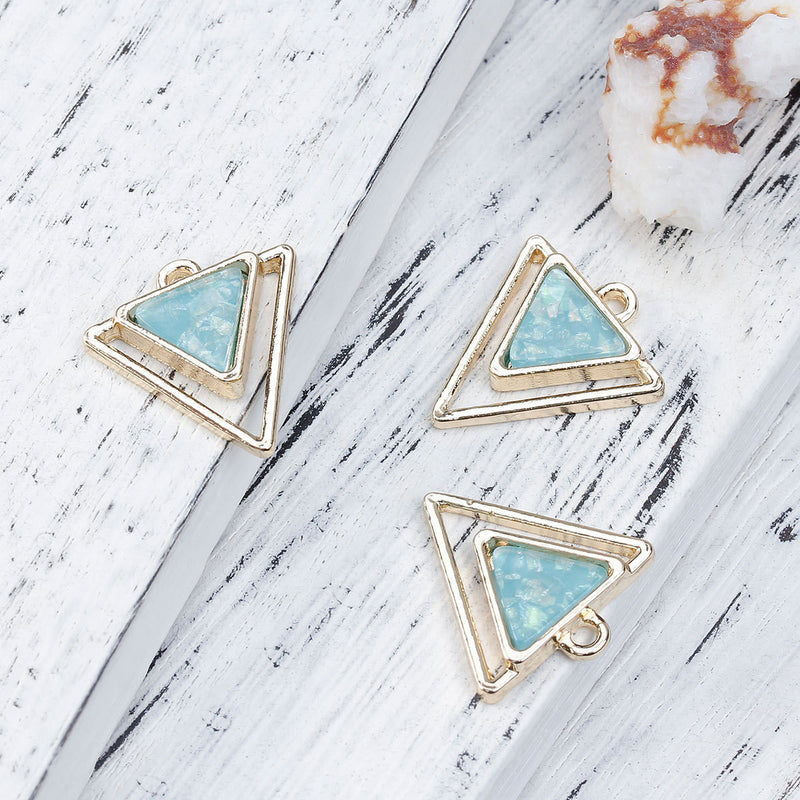 3 Gold Plated ARROWHEAD TRIANGLE Hollow Geometric Pendant Charms, light sky blue imitation opal resin, gold plating, 22x20mm, chg0569