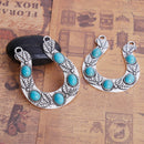 1 Large Silver HORSESHOE GOOD Luck Charm Pendant with leaf design, faux turquoise cabochons, horse riding pendants, 65x52mm, chs2808