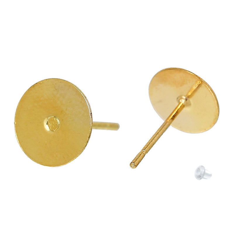 20 Gold Plated Post Earring Blanks, includes Rubber Stopper backers, gold metal (10 pairs), fits 6mm cabochon, 21ga, fin0661a